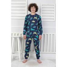 Isob Lacivert Dinozor Desenli %100 Pamuk Erkek Çocuk Kısa Kollu Pijama Takımı 3-8 Yaş 41318-L