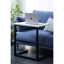 Modern Metal Ayaklı Yükseklik Ayarlı Laptop Sehpası - C Tasarım Yan Sehpa - 70 x 40  cm  - Ahşap Üst Tabla