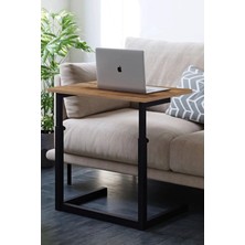 Modern Metal Ayaklı Yükseklik Ayarlı Laptop Sehpası - C Tasarım Yan Sehpa - 70 x 40  cm  - Ahşap Üst Tabla