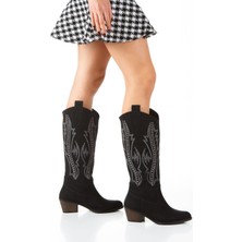 Kadın Mat Cilt Nakışlı Topuklu Kovboy Çizme 7027