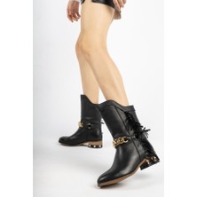 7012 Bej Cilt Deri Püskül Detaylı Kadın Çizme