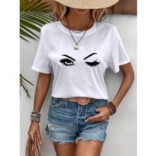 Alinn Butikk Kadın Kısa Kollu Bisiklet Yaka Göz Baskılı Süprem T-Shirt