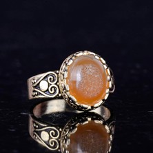 Gerçek Doğal Druzy Kuvars Taşı ile 925 Ayar Gümüş Altın Kaplama Yüzük, El Yapımı Kadın Yüzüğü (Sarı)