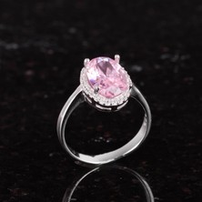 925 Ayar Gümüş Kadın Yüzük - Şık Oval Kesim Taş Yüzük - Yapay Taş El Yapımı Yüzük (Yapay Pembe Topaz)
