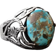 Gerçek Arizona Turkuaz Taş Yüzük, 925 Ayar Gümüş Yaprak Yüzük, Mavi
