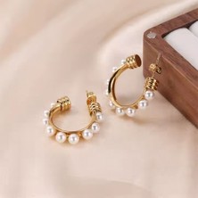 Kararmaz Paslanmaz Gold Renk Sıra Incili Çelik Halka Küpe