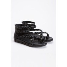 İnyola Shoes Kadın Hakiki Deri Örgü Detaylı Sandalet 6310 Sıyah