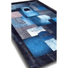 The Reef Design Patchwork Denim Görünümlü Dijital Baskı Kaymaz Tabanlı Oturma Odası ve Genç Odası Halısı 