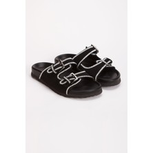 İnyola Shoes Kadın Hakiki Süet Deri Taş Detaylı Terlik 6306 Siyah Süet