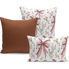 Fiyonklu Kiraz Serisi Çift Tarafı Dijital Baskılı  3'lü Kırlent Kılıfı Seti (Cherry With Bow)