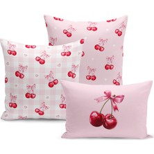 Fiyonklu Kiraz Serisi Çift Tarafı Dijital Baskılı  3'lü Kırlent Kılıfı Seti (Cherry With Bow)