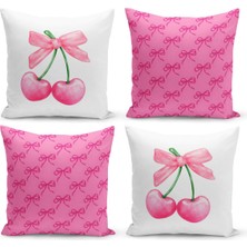 Fiyonklu Kiraz Serisi Çift Tarafı Dijital Baskılı  4'lü Kırlent Kılıfı Seti (Cherry With Bow)