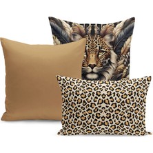 Klasik Leopar Serisi Çift Tarafı Dijital Baskılı  3'lü Kırlent Kılıfı Seti (Leopard)