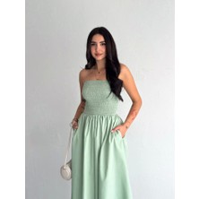 Seyam Straplez Pileli Elbise - Su Yeşili