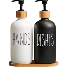 Mcreative Hands Dishes Siyah Beyaz Dekoratif Mutfak Banyo Sıvı Cam Sabunluk Seti 500ML Bambu Stantlı Set