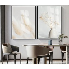 Harikabirev|soft| Beyaz-Krem Bohem Vazo Bitki Kombini |çerçeveli Cam Tablo 2li Dikey