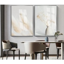 Harikabirev|soft| Beyaz-Krem Bohem Vazo Bitki Kombini |çerçeveli Cam Tablo 2li Dikey