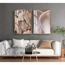 Harikabirev|krem-Bej Renk Yaprak Kombini |temperli Çerçeveli Cam Tablo  2li Dikey