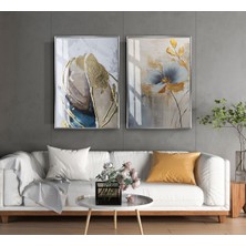 Harikabirev|gri-Gold Soft Çiçek Yaprak Kombini 01|temperli Çerçeveli Cam Tablo  2li Dikey