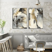 Harikabirev|soft Gold-Gri Soyut Çiçek Kombini 01 |temperli Çerçeveli Cam Tablo  2li Dikey