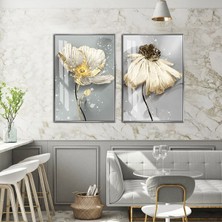 Harikabirev|soft Beyaz Papatya Çiçek Kombini 01  |temperli Çerçeveli Cam Tablo  2li Dikey