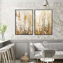 Harikabirev|soft Gold-Beyaz Yaprak Desenli Kombin 01 |temperli Çerçeveli Cam Tablo  2li Dikey