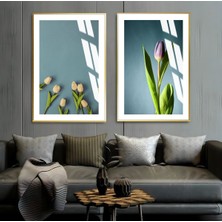 Harikabirev|mavi Yeşil Yapraklı Çiçekler 1|çerçeveli Cam Tablo  2li Dikey