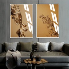 Harikabirev|soft Kahverengi Yapraklı Kombin 01|çerçeveli Cam Tablo  2li Dikey