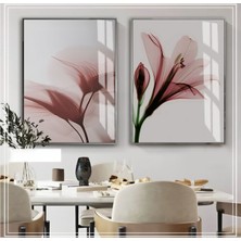 Harikabirev|gri-Bordo Çiçek Kombini 01 |çerçeveli Cam Tablo  2li Dikey