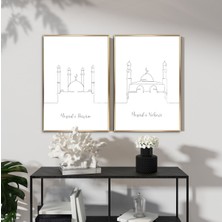 Harikabirev|siyah Çizgi Mesicid-I Nebevi-Aksa Minimal Kombini |çerçeveli Cam Tablo  2li Dikey