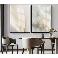 Harikabirev|soft|krem Pampas Otu (Saz Püskülü) Kombini |çerçeveli Cam Tablo 2li Dikey