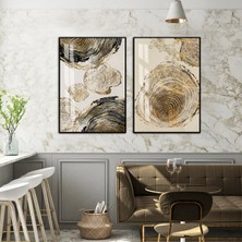 Harikabirev|siyah-Gold Bohem Soyut Minimal Kombini |temperli Çerçeveli Cam Tablo  2li Dikey