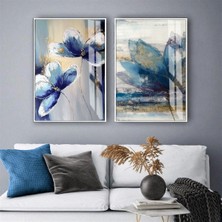 Harikabirev|mavi-Gri Soyut Çiçek Kombin|temperli Çerçeveli Cam Tablo  2li Dikey