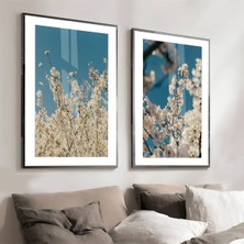 Harikabirev|saks Mavisi-Bej Renk Püskül ve Çiçek Kombini  |çerçeveli Cam Tablo  2li Dikey