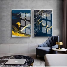 Harikabirev|lacivert-Gold Kuşlar ve Doğa Manzara Kombini 01 |çerçeveli Cam Tablo  2li Dikey