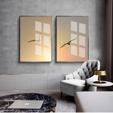 Harikabirev|sarı Uçan Kuş Kombini 01 |çerçeveli Cam Tablo  2li Dikey