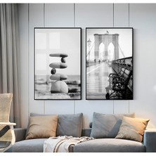 Harikabirev|siyah-Beyaz Taş & Köprü Kombini |çerçeveli Cam Tablo  2li Dikey