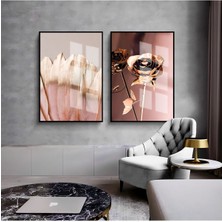 Harikabirev|rosegold Gül & Tüy Kanat Kombini 01 |çerçeveli Cam Tablo  2li Dikey