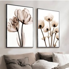 Harikabirev|bej-Krem Renk Soft Sevilen Soyut Çiçek Kombini |çerçeveli Cam Tablo  2li Dikey