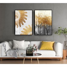 Harikabirev|gold-Siyah Minimal Soyut Ağaç Kombini|temperli Çerçeveli Cam Tablo  2li Dikey