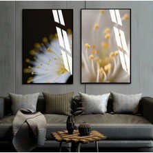 Harikabirev|sarı Beyaz Soft Çiçek Kombin 1|çerçeveli Cam Tablo  2li Dikey