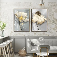 Harikabirev|soft Beyaz Papatya Çiçek Kombini 01  |temperli Çerçeveli Cam Tablo  2li Dikey