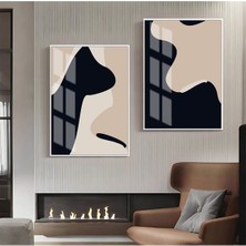 Harikabirev|siyah-Bej Soyut Abstract Kombin 02 |çerçeveli Cam Tablo  2li Dikey