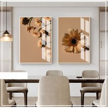 Harikabirev|soft Krem Renk Papatya Çiçeği Kombini Yeni|çerçeveli Cam Tablo  2li Dikey