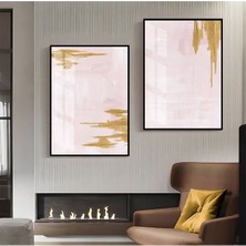 Harikabirev|pembe-Gold Desenli Soyut Kombini 02|çerçeveli Cam Tablo  2li Dikey