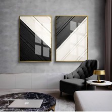 Harikabirev|siyah-Beyaz Çapraz Desen Soyut Kombini 1 |çerçeveli Cam Tablo  2li Dikey