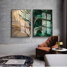 Harikabirev|yeşil-Gold Palmiye Yaprakları Kombini 02 |çerçeveli Cam Tablo  2li Dikey