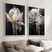 Harikabirev|siyah Bej Renk Yağlı Boya Çiçek Yaprak Kombini  |çerçeveli Cam Tablo  2li Dikey