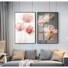Harikabirev|pembe-Gri Çiçek Kombini 01 |çerçeveli Cam Tablo  2li Dikey
