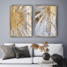Harikabirev|gold-Gri Soyut Desenli Kombini |temperli Çerçeveli Cam Tablo  2li Dikey